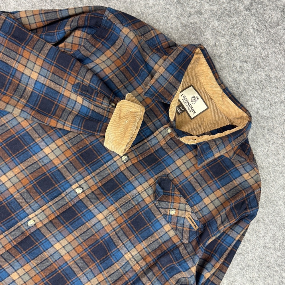 Legendary Whitetails Buck Camp Flannel Shirt XLT Blue Brown Plaid Corduroy Trim